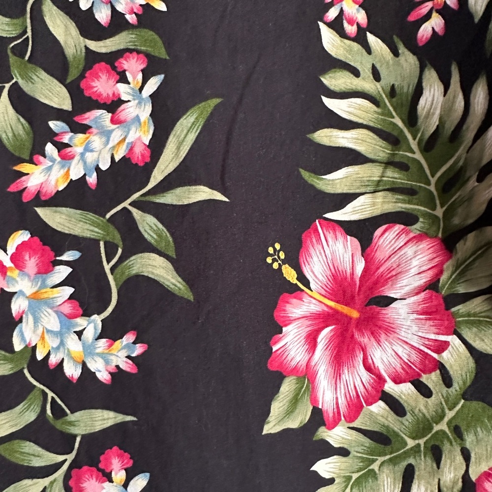 Vintage Style Gold Hibiscus Rayon Hawaiian Aloha Shirt – Smoky Blue – Made in Hawaii
